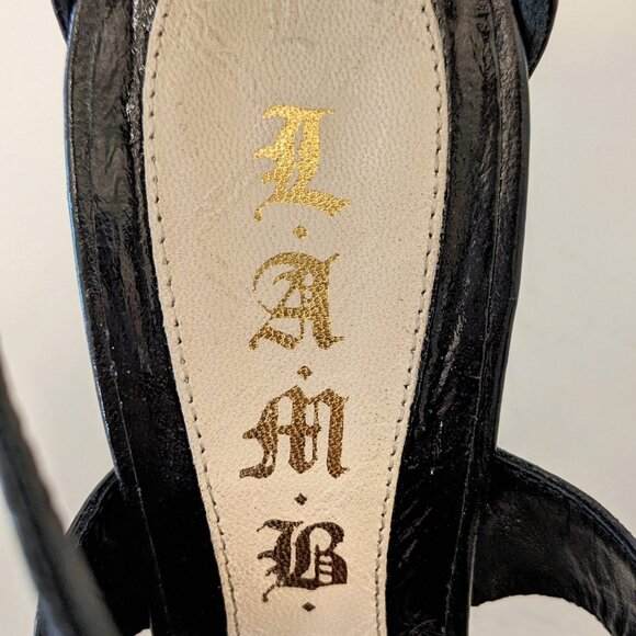 LAMB Lightning Bolt Black & Gold Metal Embellish T Strap Stiletto Sandals, 7/7.5 - Picture 7 of 16